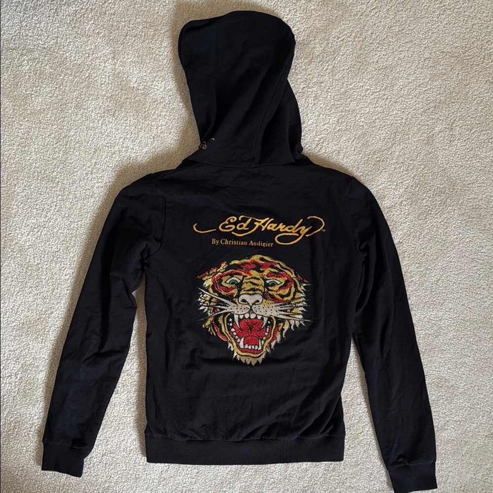 Vintage Ed Hardy Hoodie Black Rhinestone Tiger Sweatshirt Y2K Women’s M